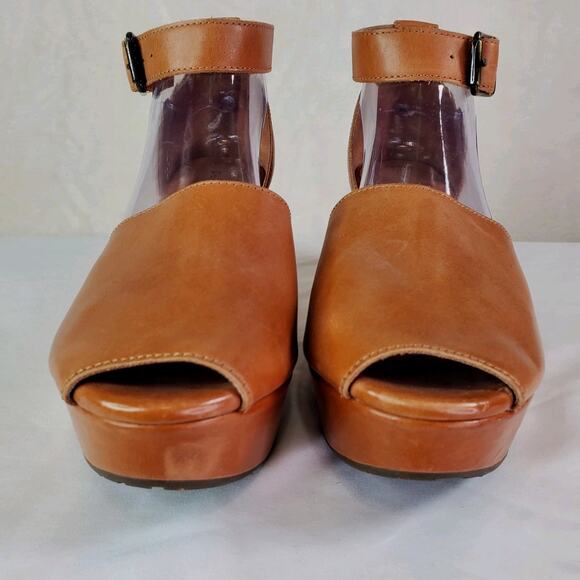 Chocolat Blu Womens Sz 10 Wawa Wedge Sandals Brown Leather Peep Toe Buckle - Picture 4 of 10